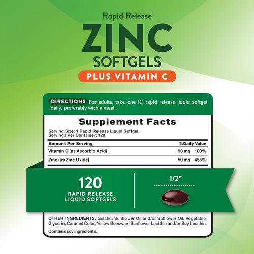 Rapid Release Zinc Softgels with Vitamin C, 120 liquid softgels for immune support.