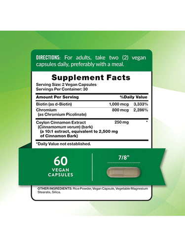Supplement Facts for Cinnamon with Biotin and Chromium, 60 Capsules.