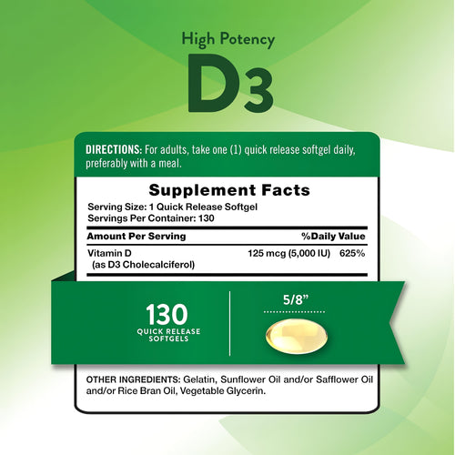 Supplement Facts for Vitamin D3 5000 IU (125 mcg), 100+30 Softgels bottle.