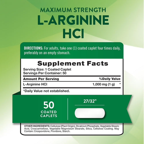 L-Arginine HCl supplement in 1000 mg strength, with 50 coated caplets.