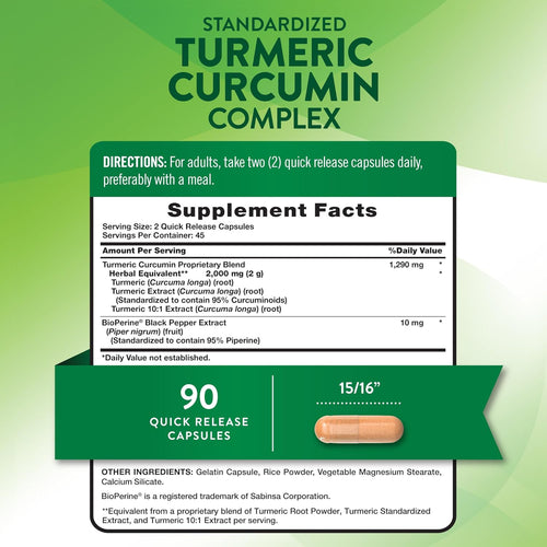 Turmeric Curcumin Complex, 2000 mg herbal equivalent, 90 quick release capsules in a standardized formula.