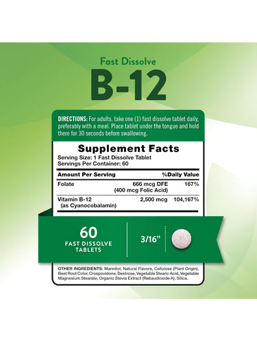 Image of the Supplement Facts panel for B-12 2500 mcg and Folic 60 Fast Dissolve Tablets.