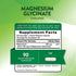 Supplement Facts panel displaying details for Magnesium Glycinate 750 mg in a 90-capsule bottle.