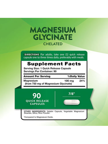 Supplement Facts panel displaying details for Magnesium Glycinate 750 mg in a 90-capsule bottle.