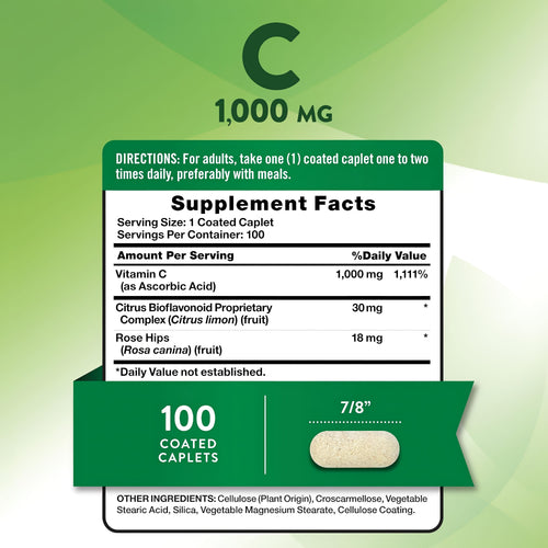 Supplement Facts panel for Vitamin C 1000 mg with Bioflavonoids and Rose Hips.