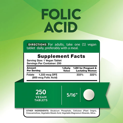 Supplement Facts panel for NT Folic Acid 800 mcg, containing 250 tablets.