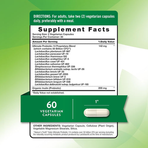 Image showing the Supplement Facts panel for NT Probiotic 50 Billion 60 Veg Caps, detailing nutritional information.