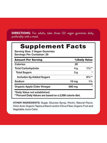 Supplement Facts panel for Apple Cider Vinegar 600 mg, displayed on a bottle of 75 gummies.