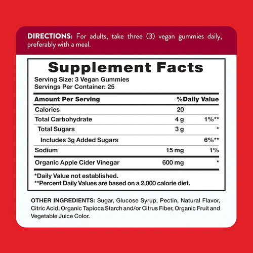 Supplement Facts panel for Apple Cider Vinegar 600 mg, displayed on a bottle of 75 gummies.