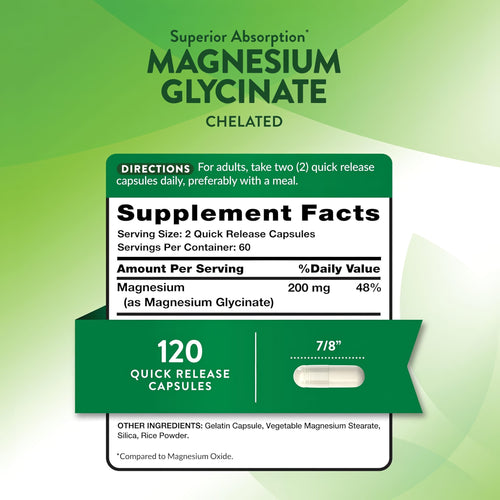 View 2 Magnesium Glycinate 120 Quick Release Capsules with Supplement Facts panel, usage directions, and capsule showing 7/8'' length.