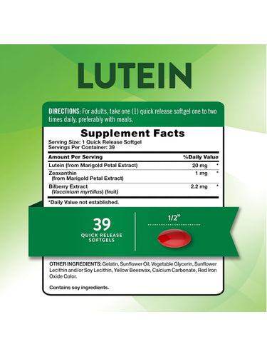 Supplement Facts for Lutein 20 mg, Zeaxanthin, and Bilberry in a 39-softgel bottle.