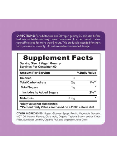 Supplement Facts for Melatonin 5 mg containing 60 gummies.