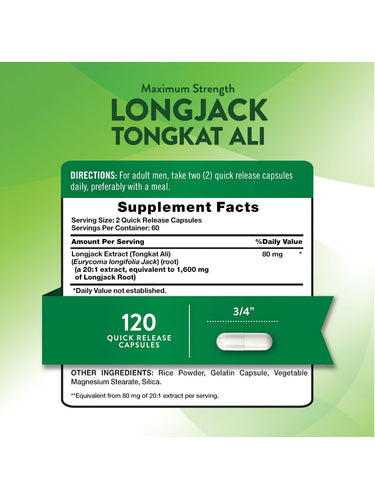 Supplement Facts panel for NT Tongkat Ali LongJack 1600mg, 120 capsules.