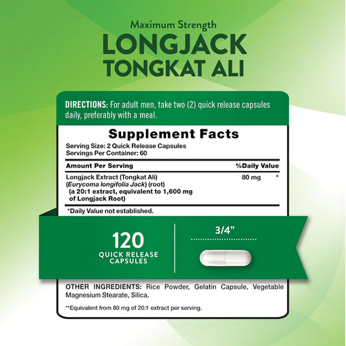 Supplement Facts panel for NT Tongkat Ali LongJack 1600mg, 120 capsules.