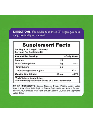 Image showing the Supplement Facts panel for Zinc 50 mg with 60 gummies.
