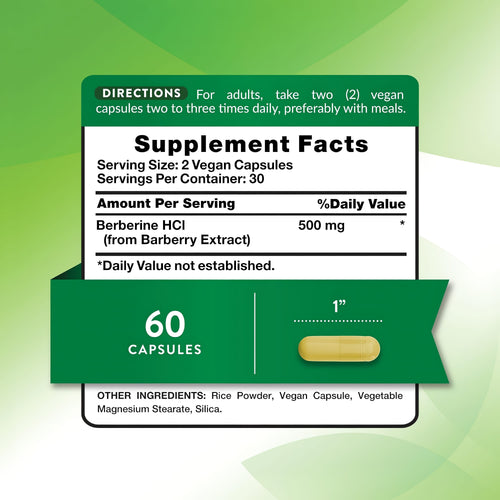 Supplement Facts panel detailing information for Berberine 60 Veg Capsules.