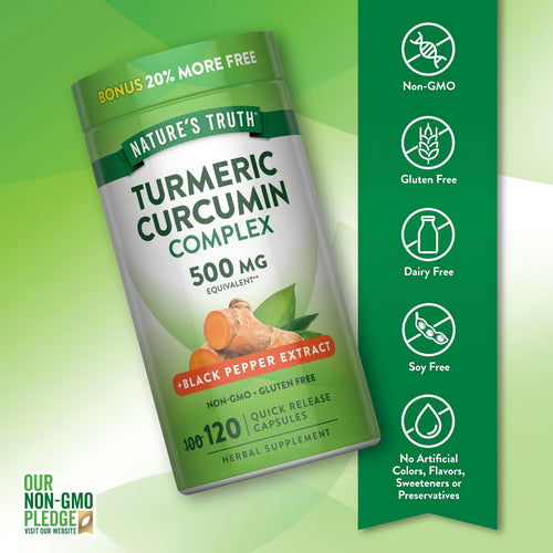 Turmeric bottle with icons indicating Non-GMO, Gluten Free, Dairy Free, Soy Free, No Artificial Colors, Flavors or Preservatives.