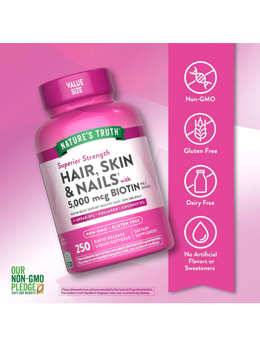 Hair, Skin, Nails bottle with icons indicating Non-GMO, Gluten Free, Dairy Free, No Artificial Flavors/Sweeteners.