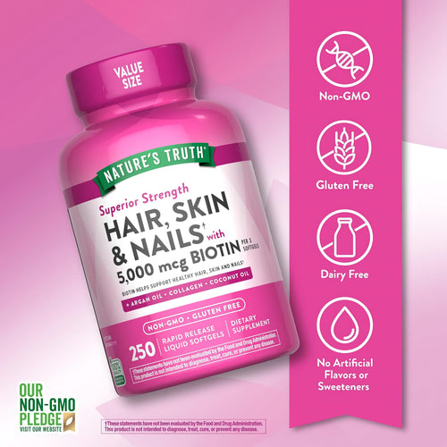 Hair, Skin, Nails bottle with icons indicating Non-GMO, Gluten Free, Dairy Free, No Artificial Flavors/Sweeteners.
