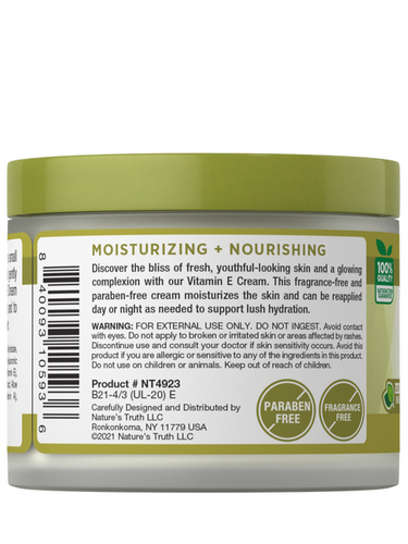 Vitamin E Cream 4 oz jar with a green lid, labeled 'MOISTURIZING + NOURISHING', 'PARABEN FREE', and 'FRAGRANCE FREE'.