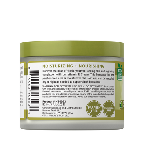 Vitamin E Cream 4 oz jar with a green lid, labeled 'MOISTURIZING + NOURISHING', 'PARABEN FREE', and 'FRAGRANCE FREE'.