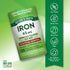 Iron bottle with icons indicating Non-GMO, Gluten Free, Dairy Free, Vegan, No Artificial Colors, Flavors, Preservatives.