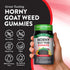 Horny Goat Weed Gummies bottle with icons indicating Non-GMO, Soy Free, Gluten Free, Vegan, Milk & Lactose Free, No Artificial Sweeteners.