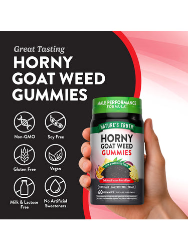 Horny Goat Weed Gummies bottle with icons indicating Non-GMO, Soy Free, Gluten Free, Vegan, Milk & Lactose Free, No Artificial Sweeteners.