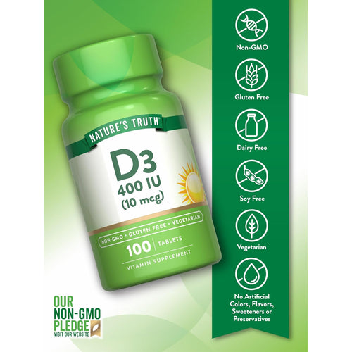 D3 bottle: Non-GMO, Gluten Free, Dairy Free, Soy Free, Vegetarian, with no artificial colors, flavors, sweeteners, or preservatives.