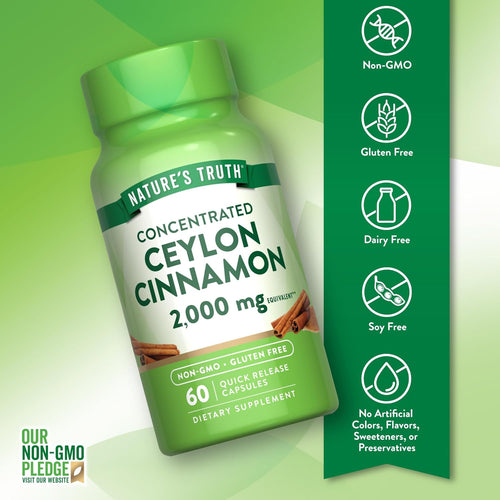 Ceylon Cinnamon bottle: Non-GMO, Gluten Free, Dairy Free, Soy Free, with no artificial colors, flavors, sweeteners, or preservatives.