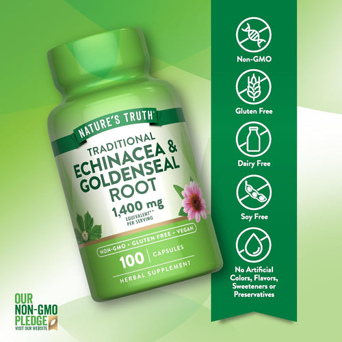 Echinacea Goldenseal bottle: Non-GMO, Gluten Free, Dairy Free, Soy Free, No Artificial Colors/Flavors/Sweeteners/Preservatives