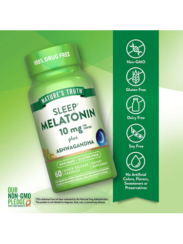 Melatonin + Ashwagandha bottle with icons indicating Non-GMO, Gluten Free, Dairy Free, Soy Free, No Artificial Additives.