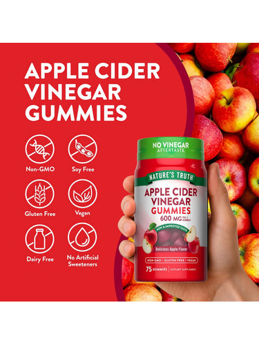 Apple Cider Vinegar Gummies bottle with icons indicating Non-GMO, Soy Free, Gluten Free, Vegan, Dairy Free, No Artificial Sweeteners.