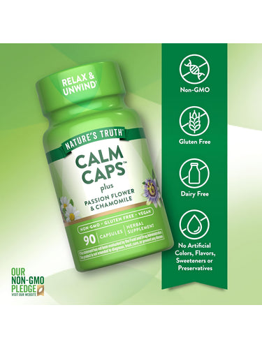 Nature's Truth Calm Caps with Passion Flower & Chamomile, 90 Non-GMO, Gluten-Free, Vegan Capsules. Helps relax and unwind.