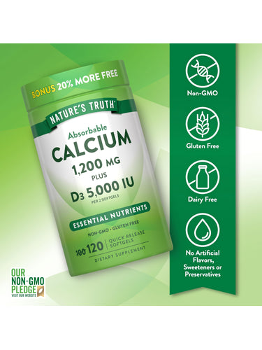 Calcium D3 bottle with icons indicating Non-GMO, Gluten Free, Dairy Free, and No Artificial Flavors, Sweeteners, Preservatives.