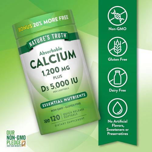 Calcium D3 bottle with icons indicating Non-GMO, Gluten Free, Dairy Free, and No Artificial Flavors, Sweeteners, Preservatives.