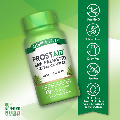 ProstAid Saw Palmetto bottle: Non-GMO, Gluten Free, Dairy Free, Soy Free, No Artificial Flavor/Color/Sweeteners/Preservatives.