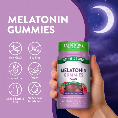 Melatonin Gummies bottle with icons indicating Non-GMO, Soy Free, Gluten Free, Vegan, Milk & Lactose Free, No Artificial Sweeteners.
