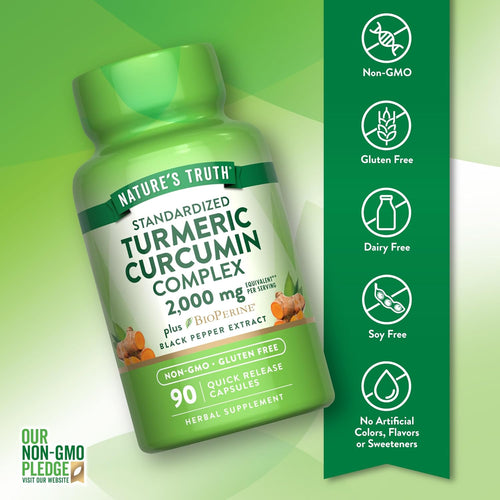 Turmeric bottle labeled as Non-GMO, Gluten Free, Dairy Free, Soy Free, and free of artificial additives.