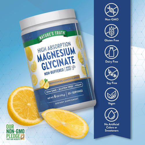 View 3 Magnesium Glycinate jar labeled Non-GMO, Gluten Free, Dairy Free, Soy Free, Vegan, No Artificial Colors or Sweeteners.
