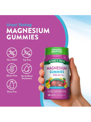 Magnesium Gummies bottle with icons indicating Non-GMO, Soy Free, Gluten Free, No Artificial Sweeteners, Dairy Free, Vegan attributes.
