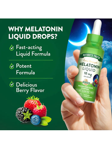 Product highlights graphic stating Fast-acting Liquid Formula, Potent Formula, and Delicious Berry Flavor.