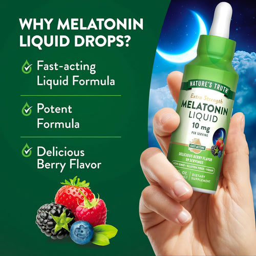 Product highlights graphic stating Fast-acting Liquid Formula, Potent Formula, and Delicious Berry Flavor.