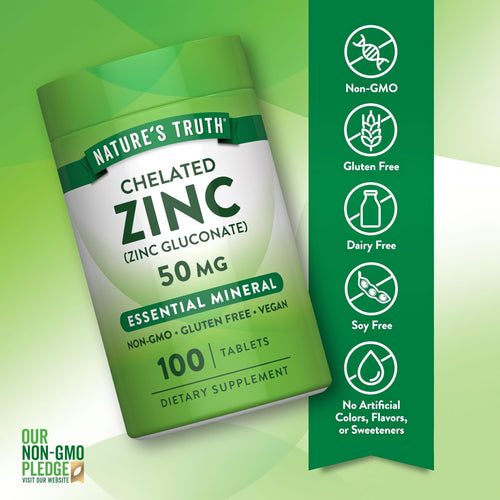 Nature's Truth Chelated Zinc (Zinc Gluconate) 50 mg dietary supplement, 100 tablets bottle.