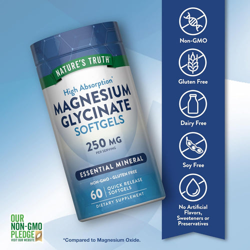 High Absorption Magnesium Glycinate Softgels, 250 MG, 60 quick release softgels for effective magnesium intake.