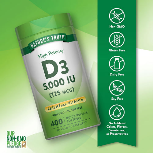 D3 bottle with icons indicating Non-GMO, Gluten Free, Dairy Free, Soy Free, No Artificial Colors, Flavors, Sweeteners, Preservatives.
