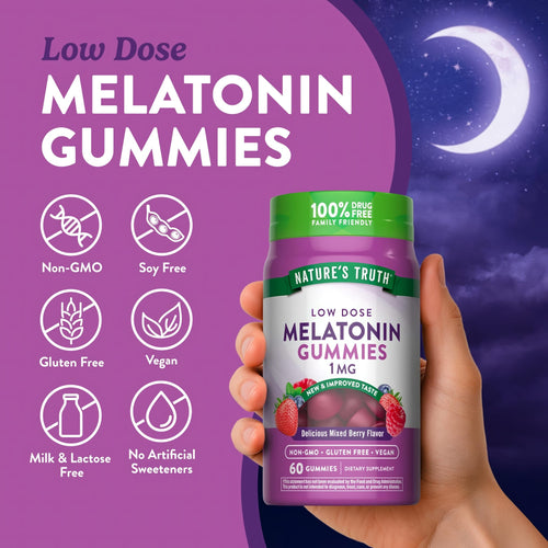 Melatonin Gummies bottle showing Non-GMO, Soy Free, Gluten Free, Vegan, Milk & Lactose Free, No Artificial Sweeteners.