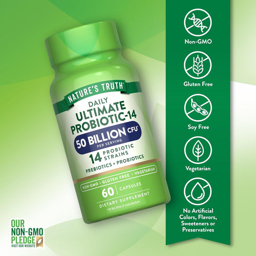 Nature's Truth Daily Ultimate Probiotic-14 includes 50 Billion CFU, 14 Probiotic Strains, and Prebiotics. Contains 60 Capsules.