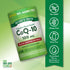 Co Q-10 bottle with icons indicating Non-GMO, Gluten Free, Dairy Free, and no artificial flavors or preservatives.