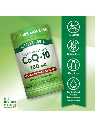 Co Q-10 bottle with icons indicating Non-GMO, Gluten Free, Dairy Free, and no artificial flavors or preservatives.